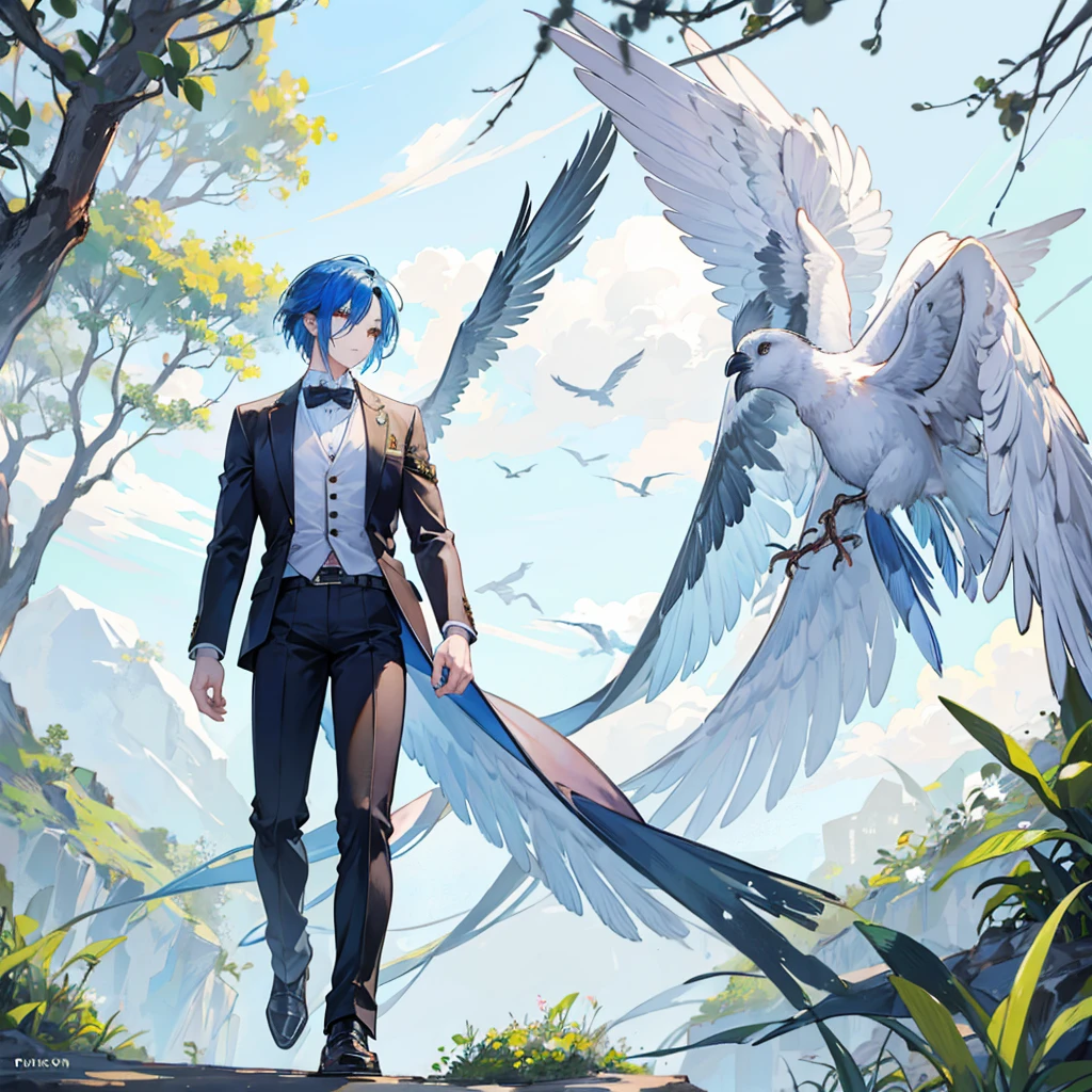 Bird that became a human(boy)、large plumage、flying、There were four birds around his trousers.