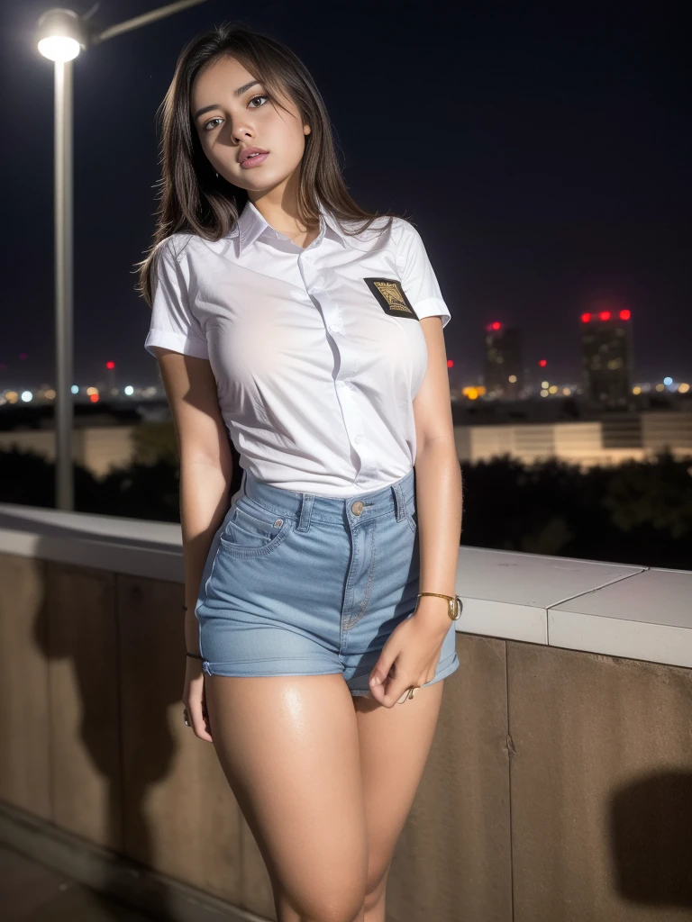 1girl, (uniform), standing, outdoors, night view, detailed Metropolitan city at the background, above head, detailed face, detailed eyes, brunette, big breasts, smooth realistic skin, semi-curvy body, white shirt, grey blue hot pants, looking at the audience, (8k, RAW photo, best quality, masterpiece: 1.2), (realistic, realistic: 1.37), ultra-high resolution