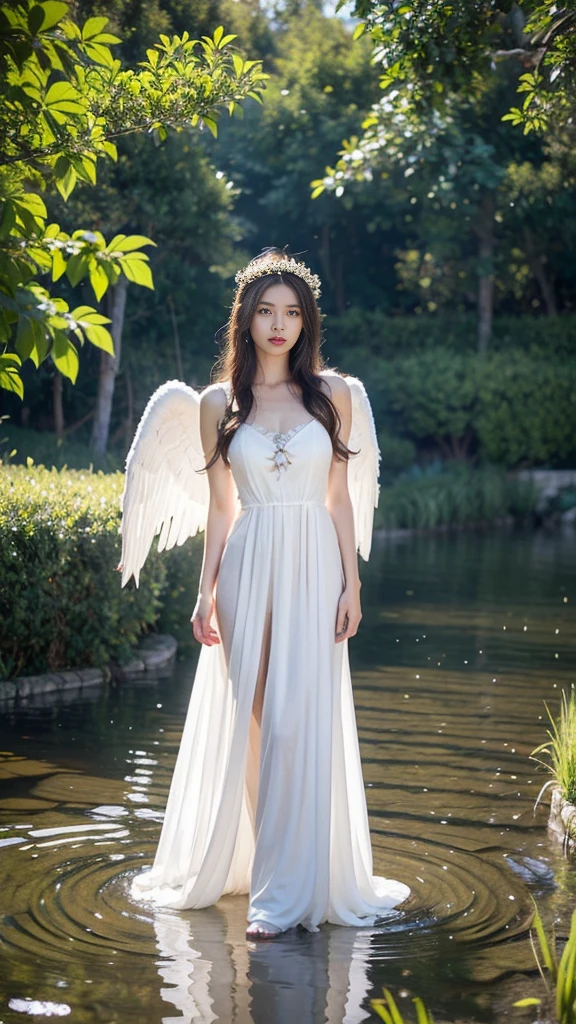 there is a woman in a white dress standing in a pond, a digital painting by Yu Zhiding, trending on cg society, fantasy art, beautiful angel, beautiful female angel, flower goddess, tall female angel, of beautiful angel, of an beautiful angel girl, ethereal beauty, a beautiful woman in white, full - body majestic angel, angels in white gauze dresses