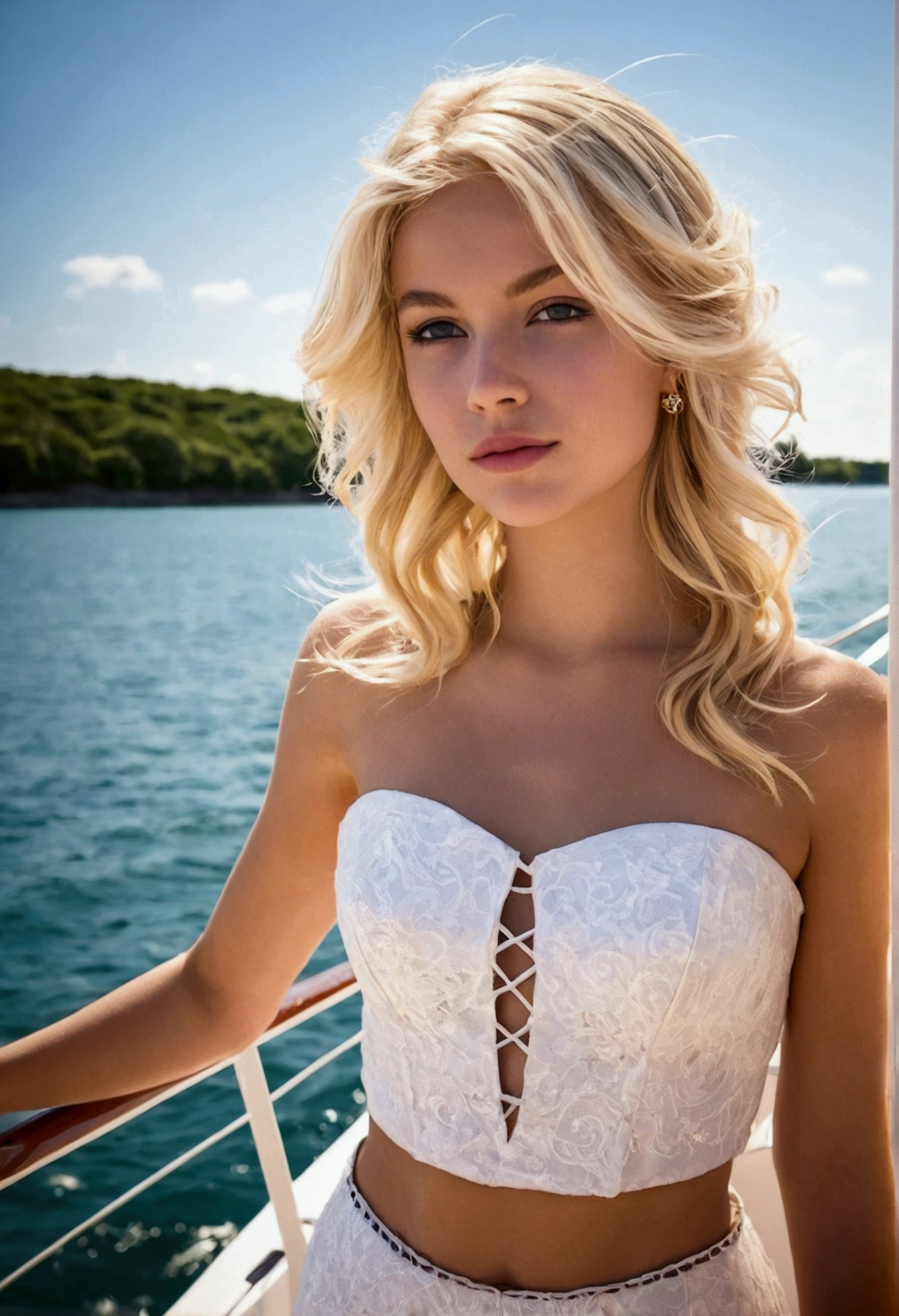fille blonde debout sur un bateau