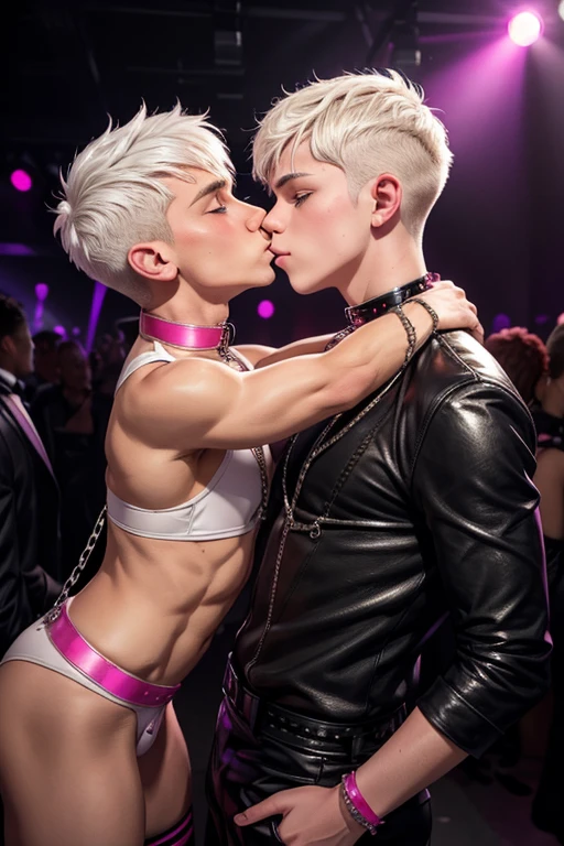 two 15 year old boys with short white hair with a pink collar around their necks, collars are connected to each other, at a  in a club, in bdsm costume, Chains on the body, in the sixth, kissing each other, tied hands, facial piercing
