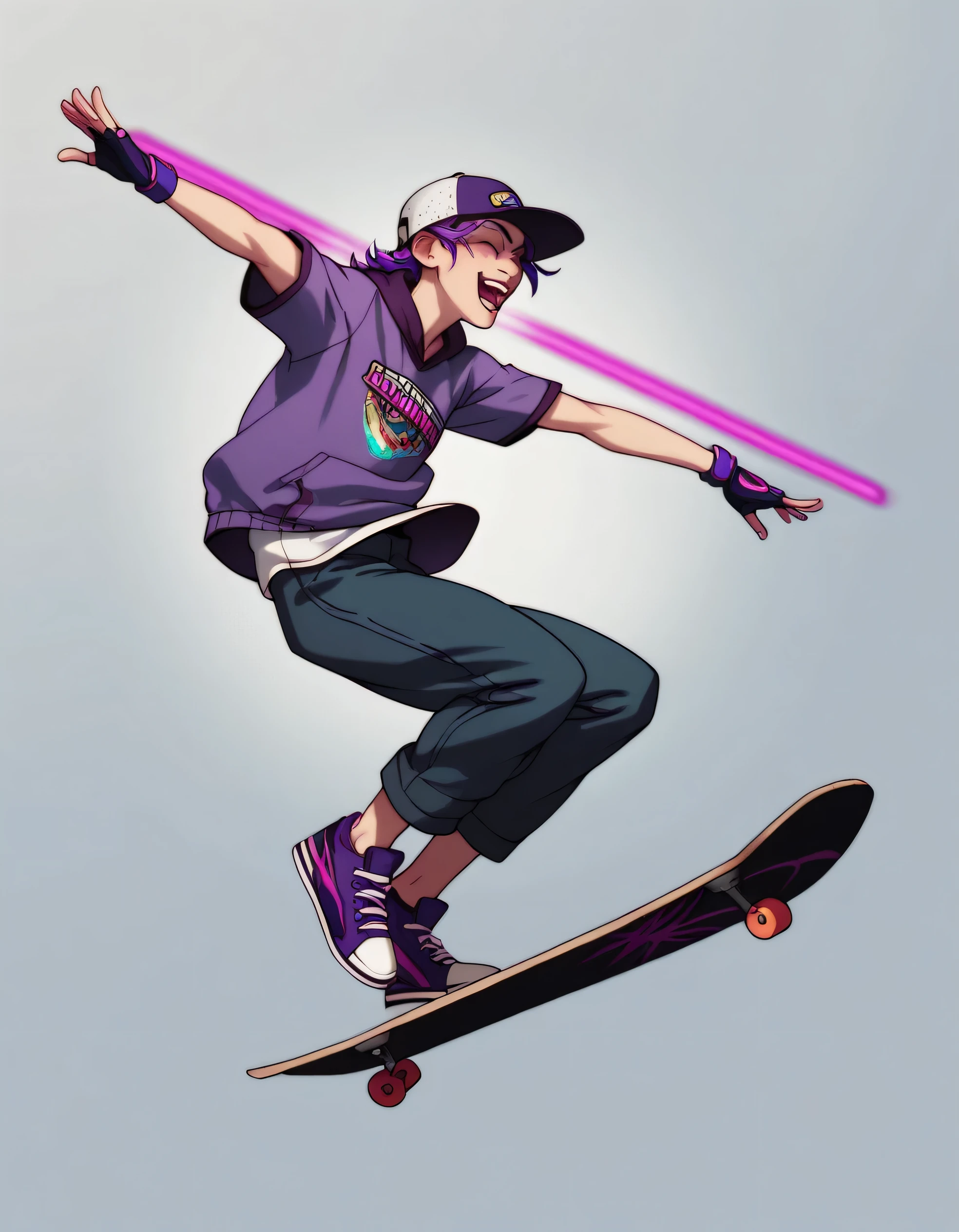 Bondrewd, skateboarding and jumping while shooting a purple laser