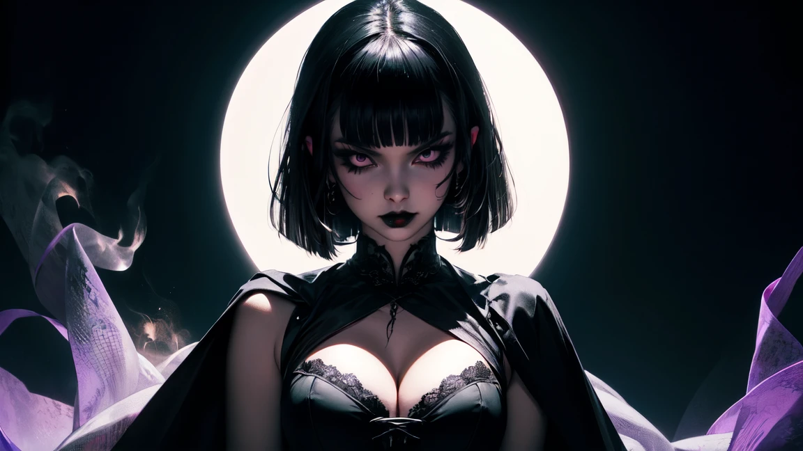 Vivid, high-contrast horror cowboy shot of a white vampire adult woman beautiful, a black dress, long black hair, wearing a corset, flowy dark black hair, lashes, ark makeup, shoulders exposed, cape, evil look, black lipstick, (((short bangs))), smokey eyes makeup, black lipstick, cleavage exposed, perfect anatomy under a dramatic, gritty lighting, purple details background