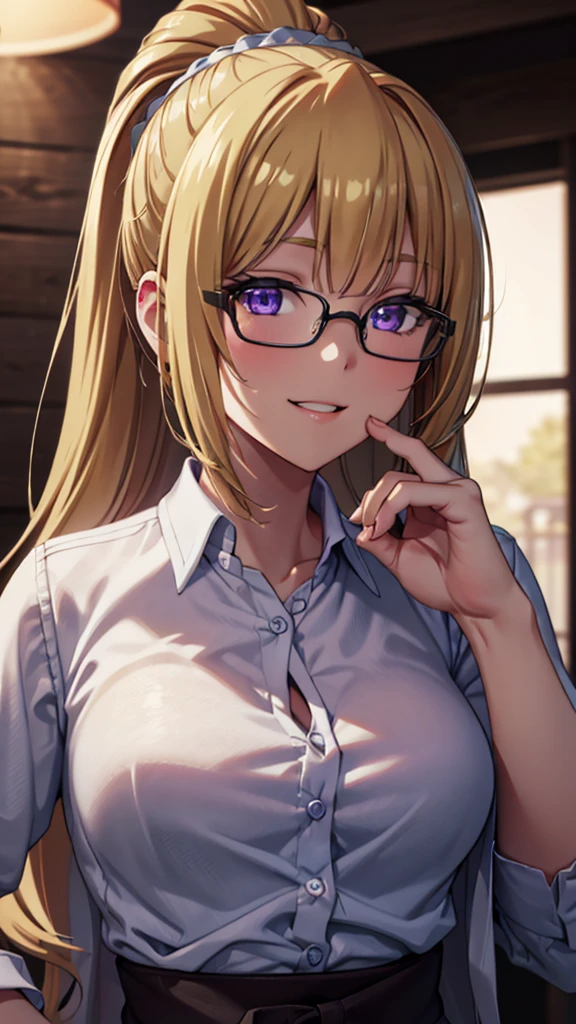 (masterpiece, best quality, absurdres), high quality, highres, ultra detailed, intricate, cinematic lighting, wallpaper, soft lighting, night, close-up, looking at viewer, beautiful woman, 1girl, parted lips, kei Karuizawa, small breasts, blonde hair, bangs, ponytail , detailed violet eyes, ((Super Realistic Detailed Eyes, glowing eyes)), round glasses, finger adjusts glasses, smiles, smirk, perfect fingers 