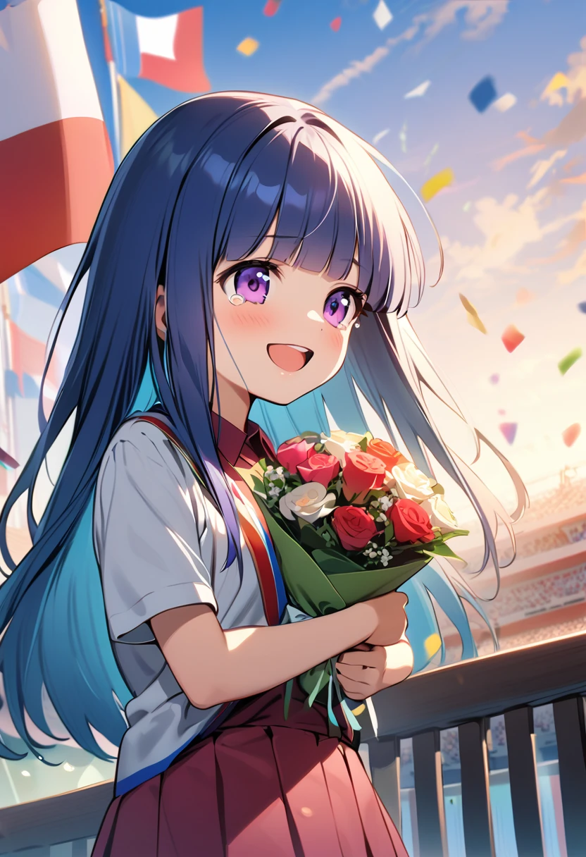 girl, alone, (Full Autorica), Blue Hair, Purple eyes, Long Hair, blunt bangs, bangs, 11 years old, Olympic, Podium, Gold Medalist, smile, bouquet, Spectators, flag, Awards ceremony, Tears of joy