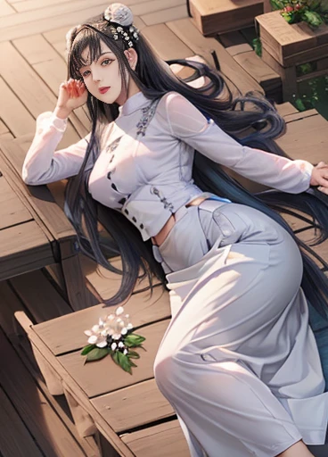 photorealistic, high resolution, masterpiec e best quality ultra-detailed, 1women. (m edium breast), hair bun, jesmine flower o n the head, mature female, solo, hips up, (wearing acmmsayarma outfit, acmmsaya rma white top with buttons, long sleeves), ((acmmsayarma black long skirt)