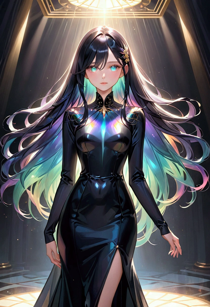 Long dark iridescent hair, Iridescent eyes, Tall Rectangular Body shape, elegant black dress. 