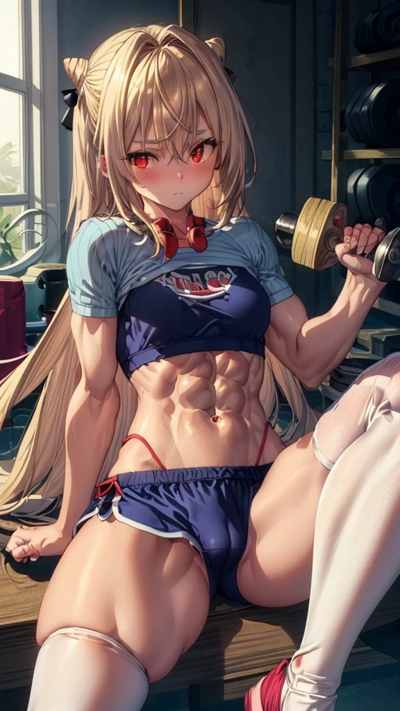 (((1 ta girl))), when he plows, (Red eyes: 1.5), blond hair, (blond hair: 1.1), by the wide, conical bun, hair ornament, hair shots, He drowned, Stripe, blue bow tie, (tight red workout top and shorts, ((red tight top and shorts)), white thighs, white thigh highs), has, (muscular belly), well muscled abs, Wide hips, Thin waist, small breasts, (((sitting showing her abs))), wearing black heels, (((holding a dumbbell))), {{sitting spreading her legs showing her pussy squeezed by the shorts}}, ((showing tight pussy by short)), {{{Full body photo}}}, blushing, embarrassed, ashamed, REST looking at the viewer , breaking and entering, sitting on a weight bench in a gym, {sitting on a weight bench at the gym}, interval (masterpiece: 1.2), Best Quality, highest resolution, unity wallpaper 8k, (illustration: 0.8), (beautiful detailed eyes: 1.6), extremely detailed face, perfect lighting, Extremely detailed CG, (perfect anatomy), {anatomically correct}, {{perfect hands, (correct hands)}.