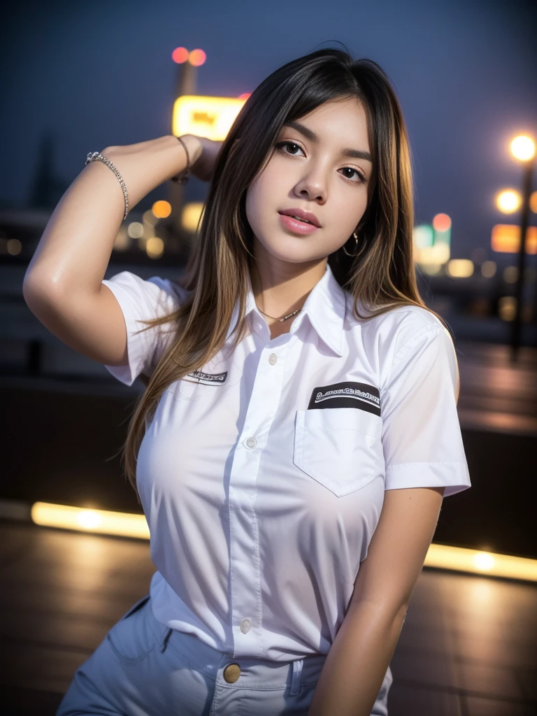 1girl, (uniform), standing, outdoors, night view, detailed Metropolitan city at the background, (above head shot: 1.4), detailed face, detailed eyes, brunette, big breasts, smooth realistic skin, semi-curvy body, white shirt, grey blue hot pants, looking at the audience, (8k, RAW photo, best quality, masterpiece: 1.2), (realistic, realistic: 1.37), ultra-high resolution