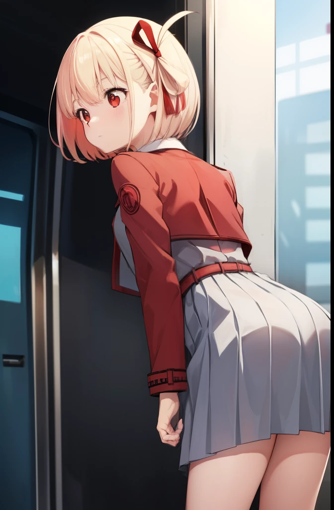 Thousands of miles of brocade, Chisato Nishiki, Short hair, bangs, Blonde hair, (Red eyes:1.5), Hair ribbon, one side up, Bob cut,
BREAK shirt, Long sleeves, dress, ribbon, White shirt, Collared shirt, belt, Neck ribbon, Red dress, Blue ribbon, Pleated dress, grey dress, Two-tone dresses, Red belt, Lycoris Uniform,BREAK,nsfw,1girl,solo only,blush embarrassed,in heat,closed eyes,standing,(open stance:1.4),(leaning forward:1.4),(lift skift by myself:1.4),bottomless,show pussy,forcus pussy,
BREAK ,on the train,cowboy shot,(from behind:1.4),looking side,
BREAK , (Masterpiece:1.2), Best quality, high resolution, Unity 8k wallpaper, (illustration:0.8), (Beautiful detailed eyes:1.6), Extremely detailed face, Perfect lighting, Extremely detailed CG, (Perfect hands, Perfect anatomy),