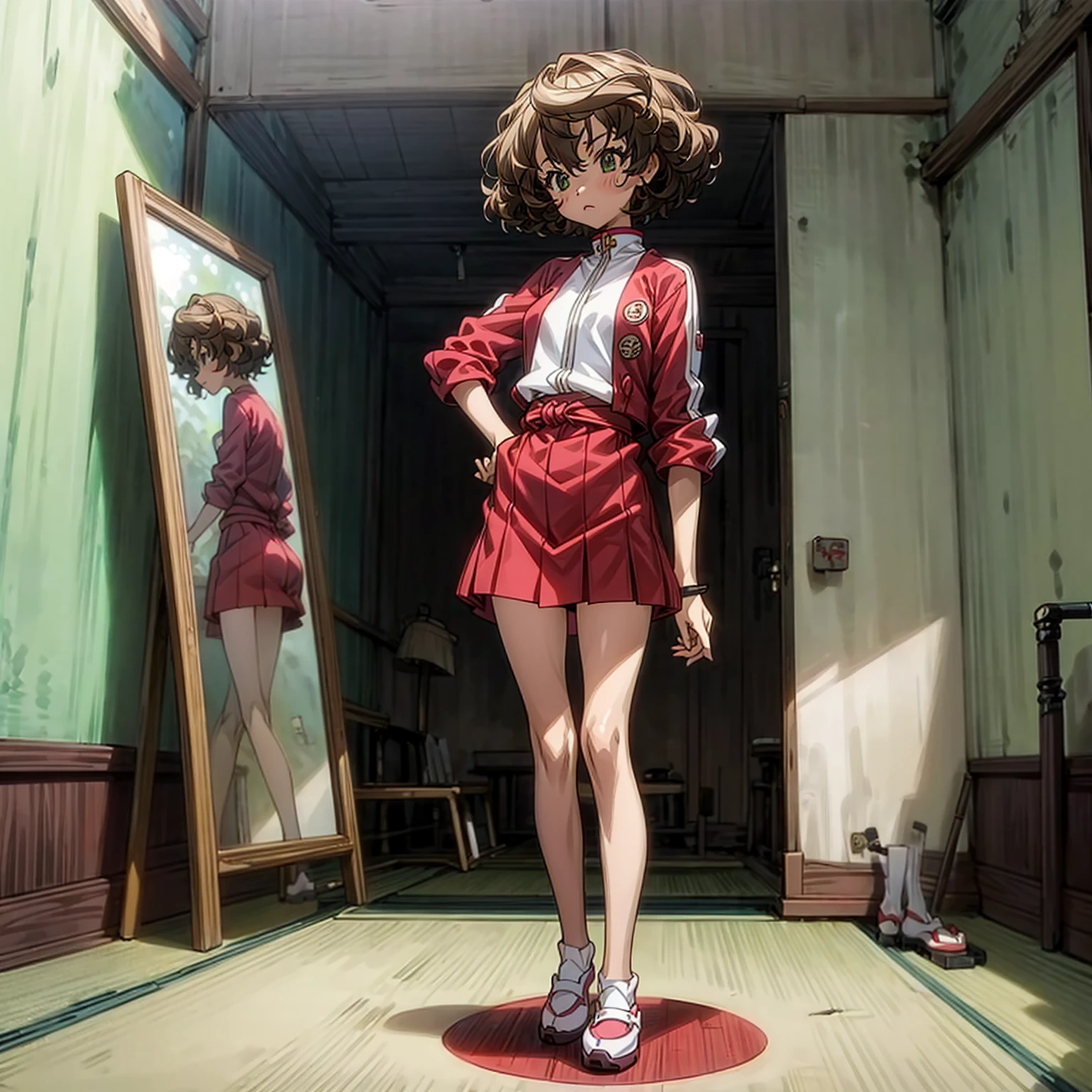 Solo, (baby kid girl), full body version, Grassroots, background in room town, tan skin, black hair, short Curly haircut, green eyes, red sports jacket, white shoes, standing gesture, looking at mirror, (Kyoto animation style art)