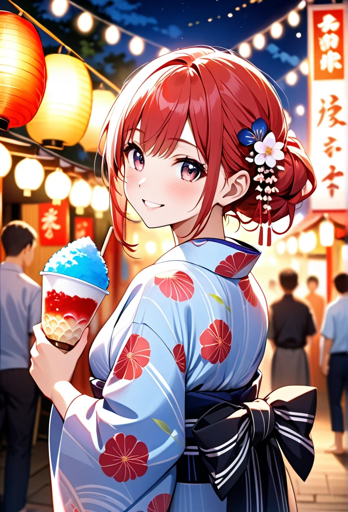 A girl is smiling while eating shaved ice at a summer festival.The girl is very cute and youthful, Red twin-tailed hair,Wearing a barrette on a kimono.The girl is wearing a yukata with a beautiful pink pattern.Holding a shaved ice with red syrup, he flashes a proud smile at the camera.Summer festival background with summer festival night stalls lined up,The lights of the night stalls and lanterns make the girls look beautiful.The beauty, luster and texture of the girl's hair, the cuteness of her face and the beauty of her skin, the texture of the yukata based on the Japanese tradition,The beauty and texture of the obi,The beauty of the light on the shaved ice,The fantastic beauty of the lights at night stalls and festivals,Back view, girl looking at camera.(
High quality, high definition, masterpiece, best quality, 4k, 8k:1.2).Ultra detail,Cinema lighting, ultra-fine painting,Super Fine View,Professional photography,beautiful girl