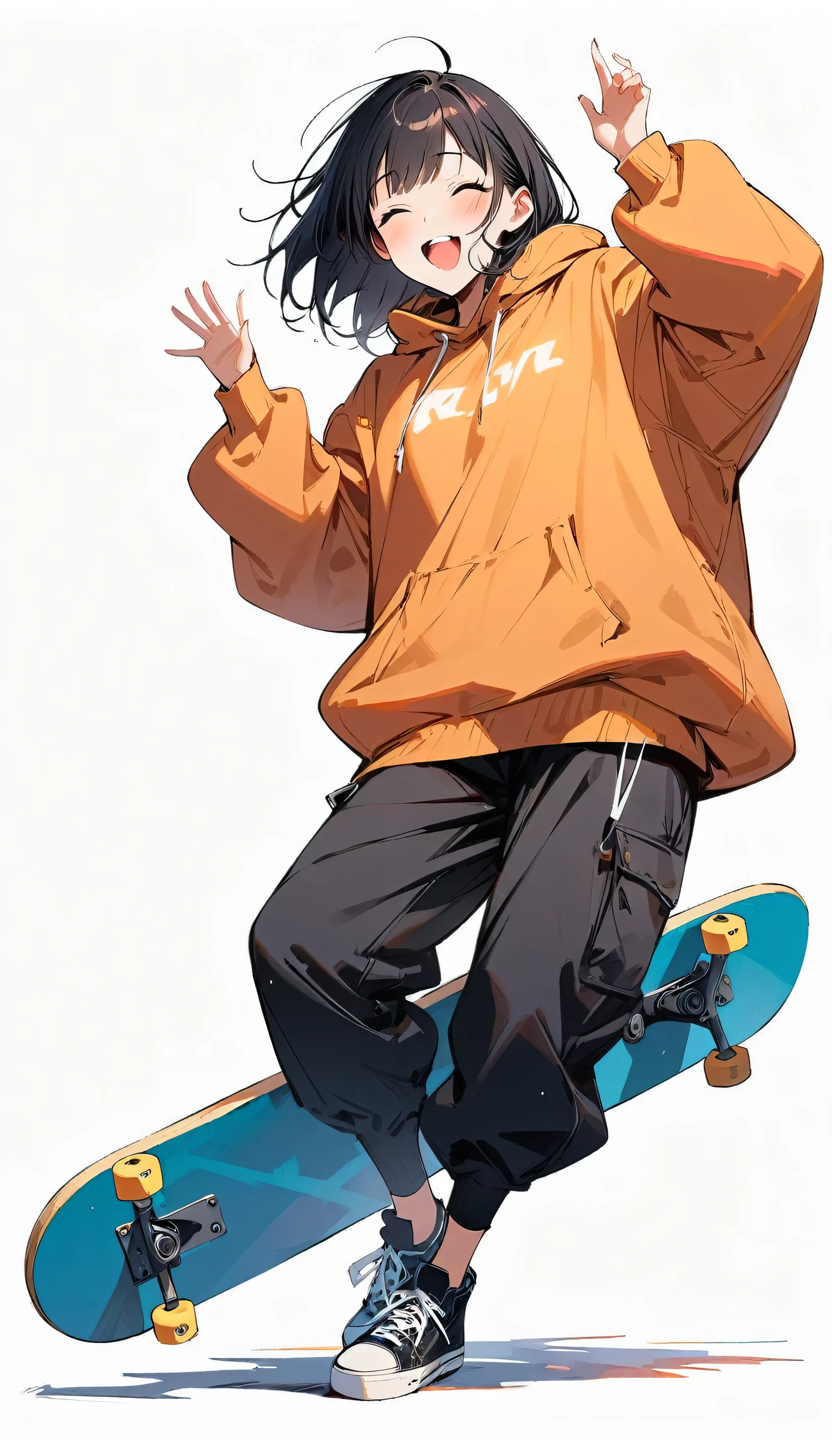 (work of art, best qualityer:1.2), 1 girl, standing alone, expression of joy, Laught, baggy sweater, 小柄, skate, whole body, simple background, simple background,