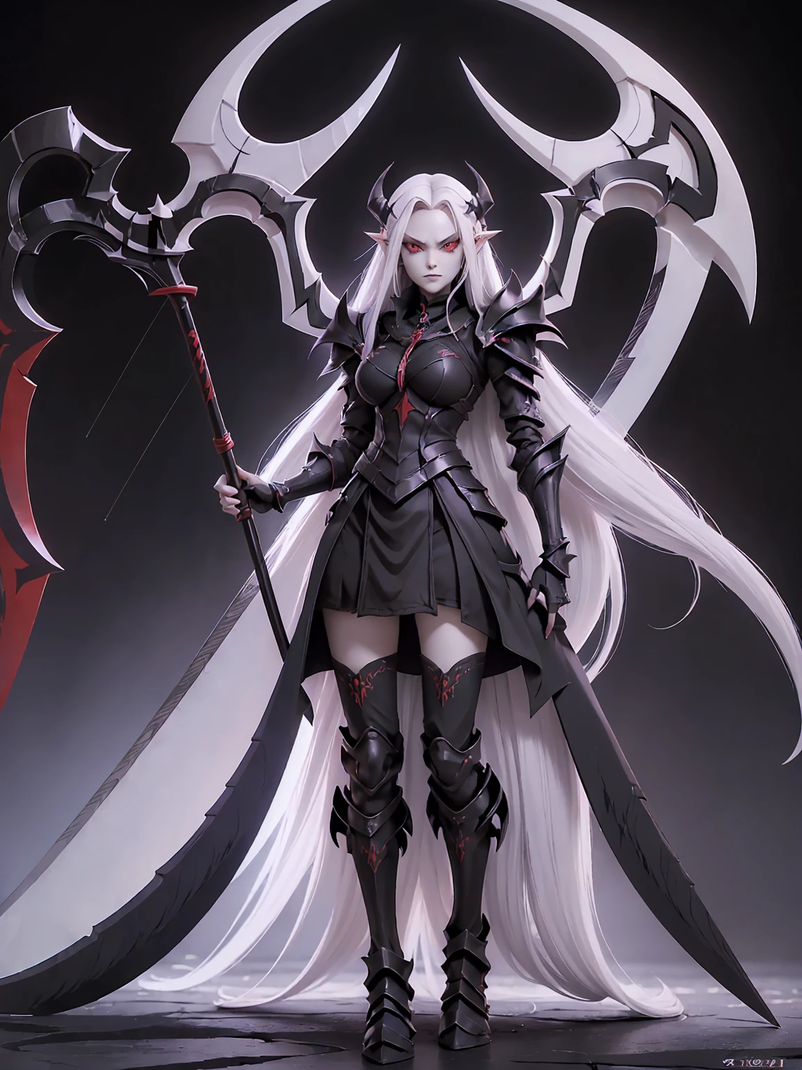 (((Masterpiece, best quality, 16k))) female character with long white hair and piercing red eyes. She wears a demonic armor in purple, black, and white. wields a large, stylized scythe. The character has a menacing expression, with a chaotic environment as the background. ((full body front view)). ((slender)), (extremely detailed:1.5), (long white hair:1.2), (piercing red eyes:1.2), (chaotic environment:1.1), (demonic armor:1.3), (stylized scythe:1.3).