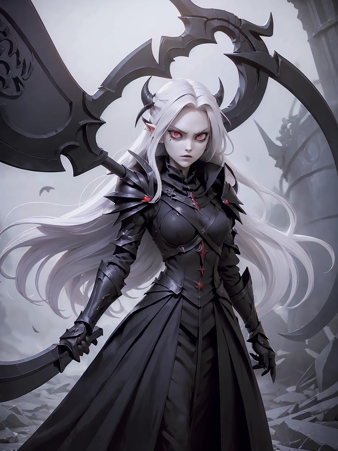 (((Masterpiece, best quality, 16k))) female character with long white hair and piercing red eyes. She wears a demonic armor in purple, black, and white. wields a large, stylized scythe. The character has a menacing expression, with a chaotic environment as the background. ((full body front view)). ((slender)), (extremely detailed:1.5), (long white hair:1.2), (piercing red eyes:1.2), (chaotic environment:1.1), (demonic armor:1.3), (stylized scythe:1.3).