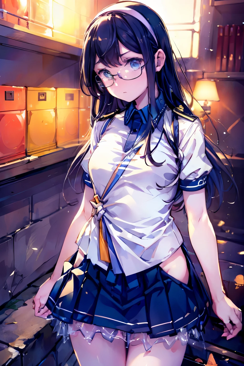 Browsing Caution((masterpiece)),((Highest quality)),((Ultra-high resolution)),((Highest Resolution)),((Very detailed build)),((Professional Lighting)),((cowboy)),((on the breakwater)),((Standing posture)),Kantai Collection,Oyodo,((In heat)),Professional Lighting,Black straight hair,hair band,((Small breasts)),((Flip up the skirt)),((Glasses)),boots,White uniform,Navy Blue Skirt,Blue panties,