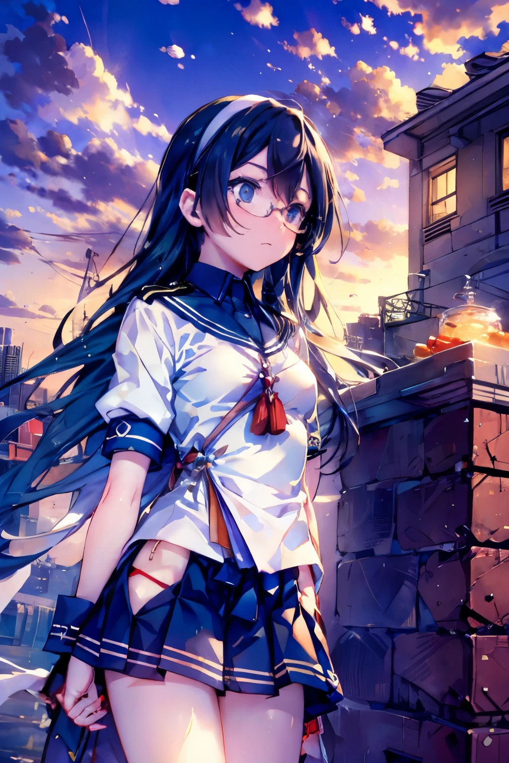 Browsing Caution((masterpiece)),((Highest quality)),((Ultra-high resolution)),((Highest Resolution)),((Very detailed build)),((Professional Lighting)),((cowboy)),((on the breakwater)),((Standing posture)),Kantai Collection,Oyodo,((In heat)),Professional Lighting,Black straight hair,hair band,((Small breasts)),((Flip up the skirt)),((Glasses)),boots,White uniform,Navy Blue Skirt,Blue panties,