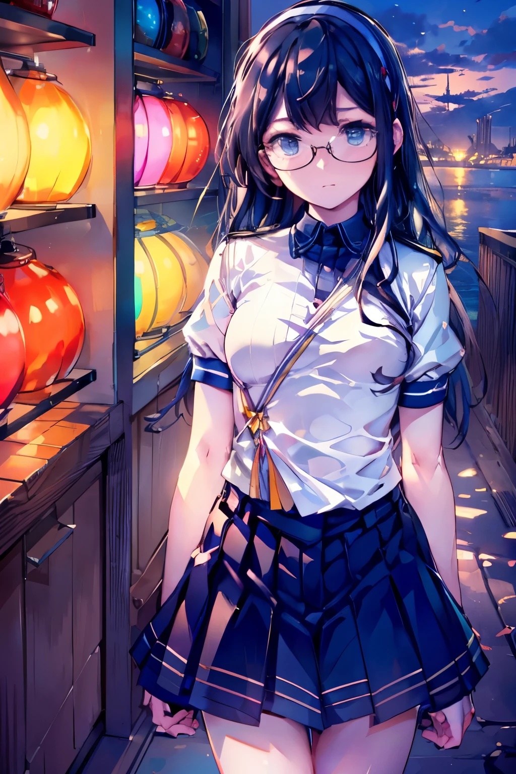 Browsing Caution((masterpiece)),((Highest quality)),((Ultra-high resolution)),((Highest Resolution)),((Very detailed build)),((Professional Lighting)),((cowboy)),((on the breakwater)),((Standing posture)),Kantai Collection,Oyodo,((In heat)),Professional Lighting,Black straight hair,hair band,((Small breasts)),((Flip up the skirt)),((Glasses)),boots,White uniform,Navy Blue Skirt,Blue panties,