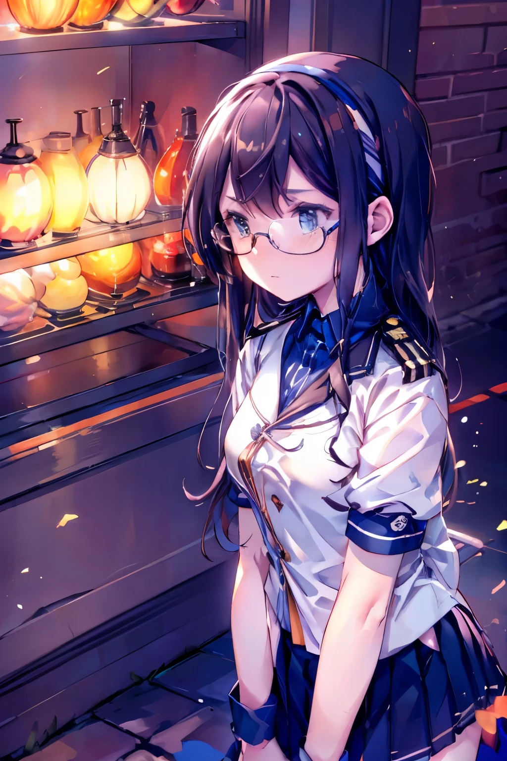 Browsing Caution((masterpiece)),((Highest quality)),((Ultra-high resolution)),((Highest Resolution)),((Very detailed build)),((Professional Lighting)),((cowboy)),((on the breakwater)),((Standing posture)),Kantai Collection,Oyodo,((In heat)),Professional Lighting,Black straight hair,hair band,((Small breasts)),((Flip up the skirt)),((Glasses)),boots,White uniform,Navy Blue Skirt,Blue panties,