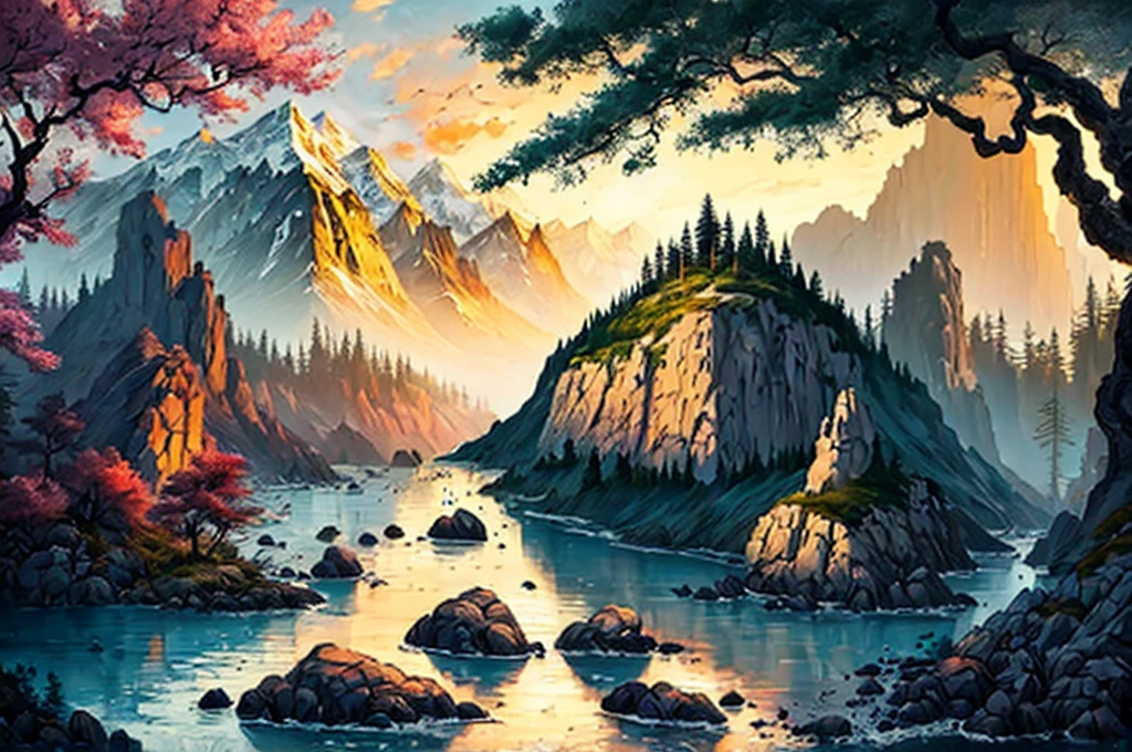 summer landscape, paint, mountains, water, trees, vector art, offcenter, offset, crystal clear