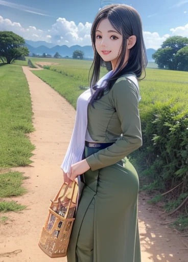 beautiful girl with cute dimples, smiling, wearing burmese dress, walking in Bagan's street, ACMM LS OUTFIT, WEARING ACMM TOP OLIVE GREEN ACMM TOP; LONG SLEEVES, WEARING ACMM LONG SKIRT, OLIVE GREEN ACMM LONG SKIRT, PRINTED SKIRT OUTDOORS, SCENERY, TRADITIONAL MEDIA, SKY, DAY, PHOTO BACKGROUND, REAL WORLD LOCATION, ARCHITECTURE, NATURE, RUINS LANDSCAPE, BAGAN ANCIENT PAGODA BACKGROUND