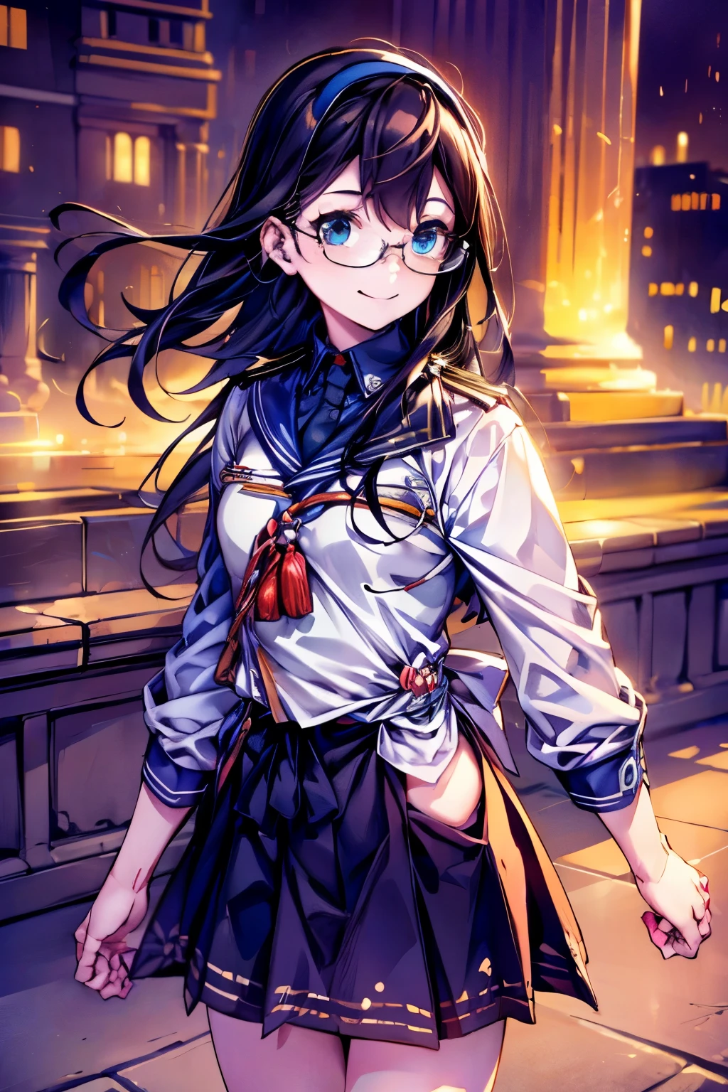 Browsing Caution((masterpiece)),((Highest quality)),((Ultra-high resolution)),((Highest Resolution)),((Very detailed build)),((Professional Lighting)),((cowboy)),((on the breakwater)),((Standing posture)),Kantai Collection,Oyodo,((Smile:1.5)),Professional Lighting,Black straight hair,hair band,((Small breasts)),((Flip up the skirt)),((Glasses)),boots,White uniform,Navy Blue Skirt,