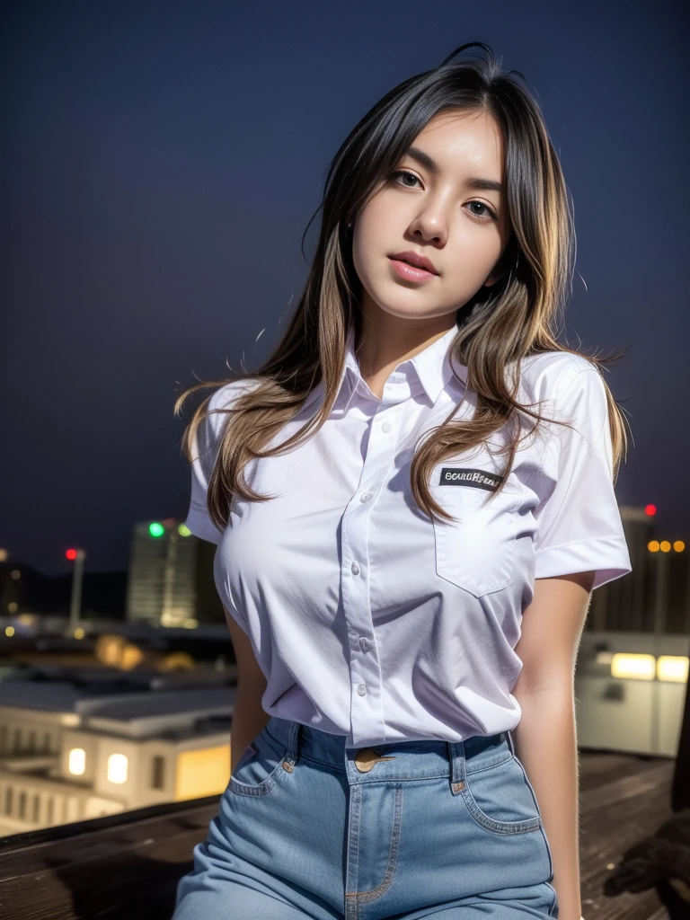 1girl, (uniform), standing, outdoors, night view, detailed Metropolitan city at the background, (above head shot: 1.4), detailed face, detailed eyes, brunette, big breasts, smooth realistic skin, semi-curvy body, white shirt, grey blue hot pants, looking at the audience, (8k, RAW photo, best quality, masterpiece: 1.2), (realistic, realistic: 1.37), ultra-high resolution