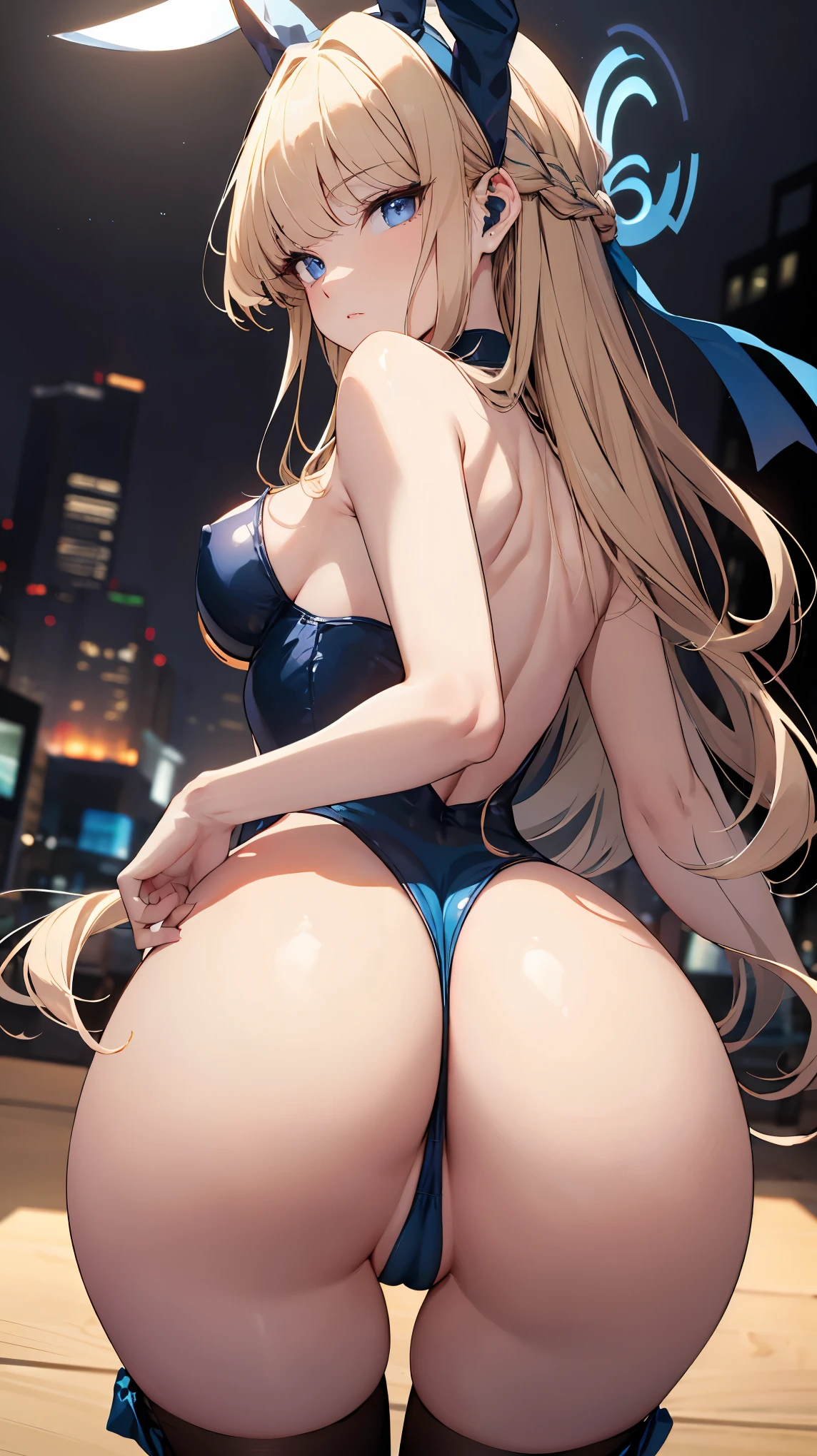 blonde hair,halo,blue eyes,tokibunny, playboy bunny, long hair, fake animal ears, blue leotard, blue bow,(((raise ASS:1.3))),(ass focus,from behind:1.3),(looking back,all fours:1.3),(cameltoe:1.3),masterpiece,Noise Reduction,perfect anatomy,high resolution, ultra-detailed, ultra-detailed face,game cg,dutch angle ,beautiful detailed eyes,visualart,five fingers, perfect hands, perfect lighting,