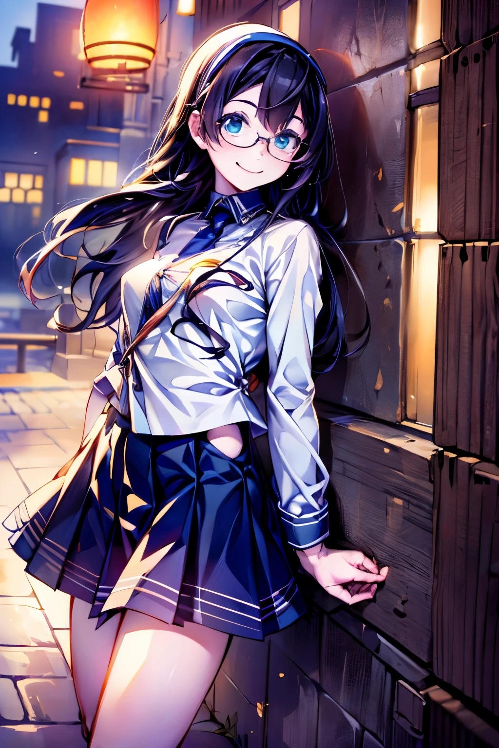 Browsing Caution((masterpiece)),((Highest quality)),((Ultra-high resolution)),((Highest Resolution)),((Very detailed build)),((Professional Lighting)),((cowboy)),((on the breakwater)),((Standing posture)),Kantai Collection,Oyodo,((Smile:1.5)),((Confused face)),Professional Lighting,Black straight hair,hair band,((Small breasts)),((Flip up the skirt)),((Glasses)),boots,White uniform,Navy Blue Skirt,