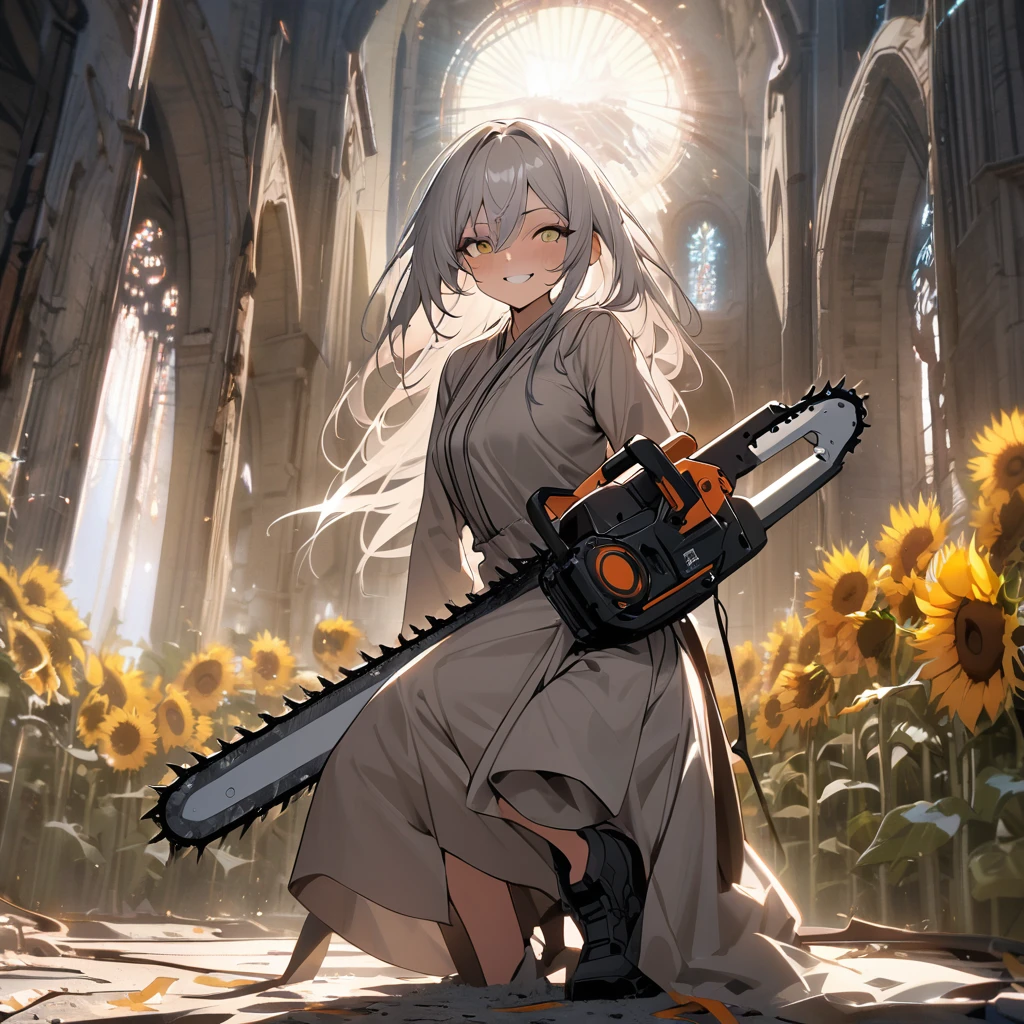 Top quality, masterpiece, high resolution, woman, long silver hair, thread eyes, monk's clothes, advanced mechanical technology, electric chainsaw, decaying church, sun, sunflowers, rapturous smile