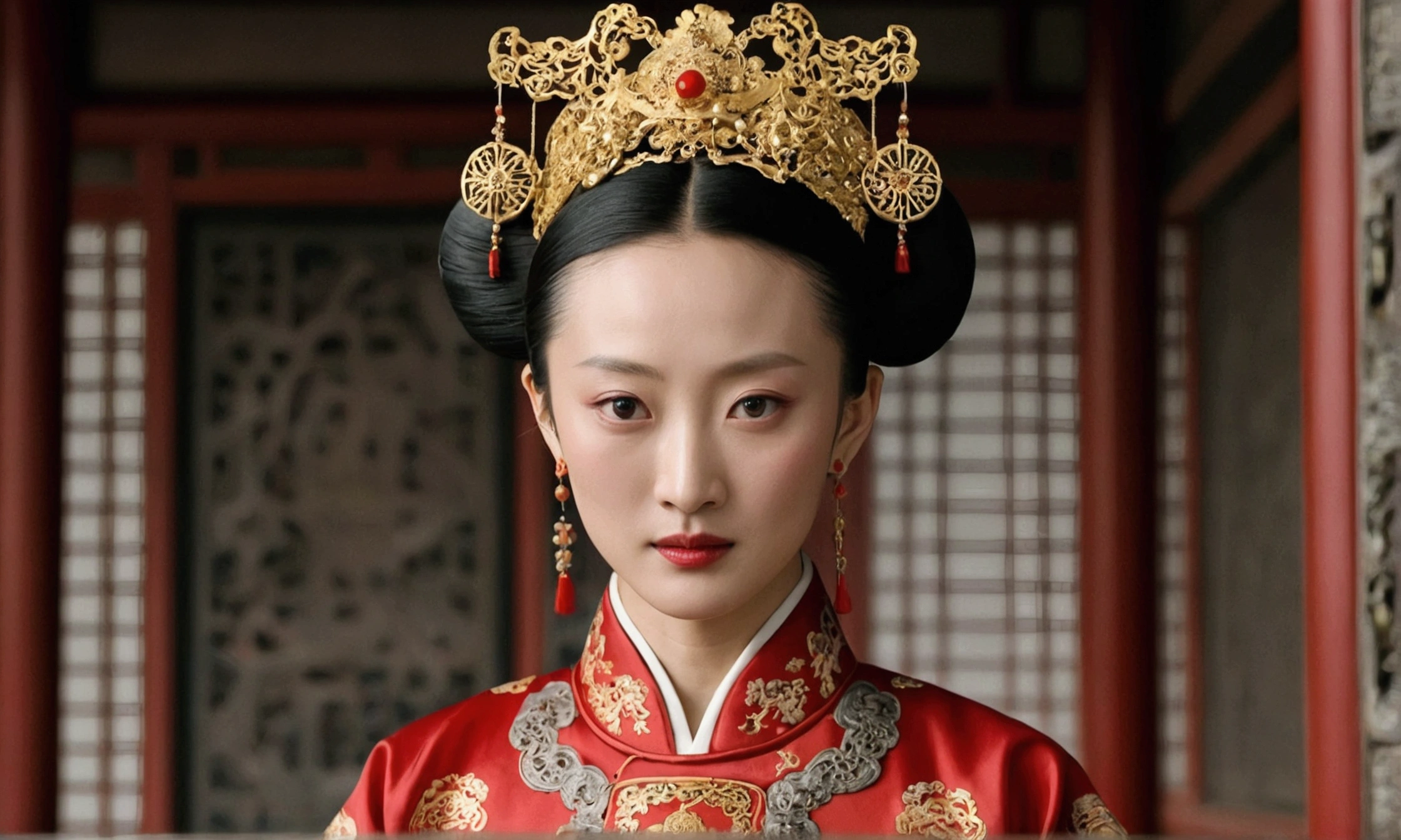 Chinese actress Ruyi Den's Jo Shun (Zhou Xun) similar face Qing Dynasty empress seen from the front full body empress red costume open and out large chest hair deep cunt.
Nudity.
Hair style of Chinese empress with large crown, hair parted from center of forehead to left and right, tied back, hair tied up with ornamental hair, outside stone tatami of Chinese palace of Qing Dynasty.