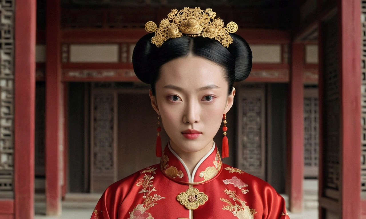 Chinese actress Ruyi Den's Jo Shun (Zhou Xun) similar face Qing Dynasty empress seen from the front full body empress red costume open and out large chest hair deep cunt.
Nudity.
Hair style of Chinese empress with large crown, hair parted from center of forehead to left and right, tied back, hair tied up with ornamental hair, outside stone tatami of Chinese palace of Qing Dynasty.