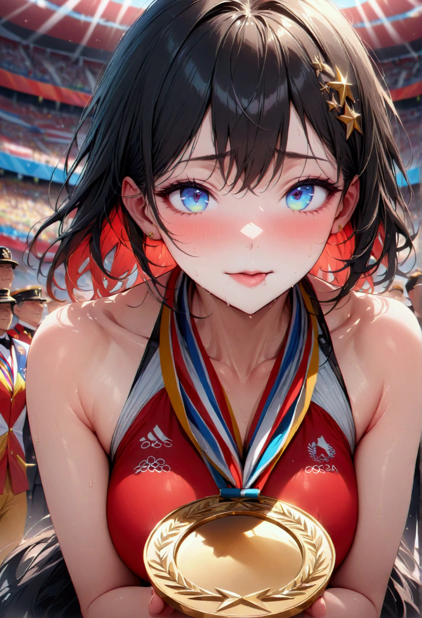 nibbling on a gold medal at the awards ceremony, (masterpiece:1.2), best quality, high quality, Highres, (hyper detailed), Olympic,
