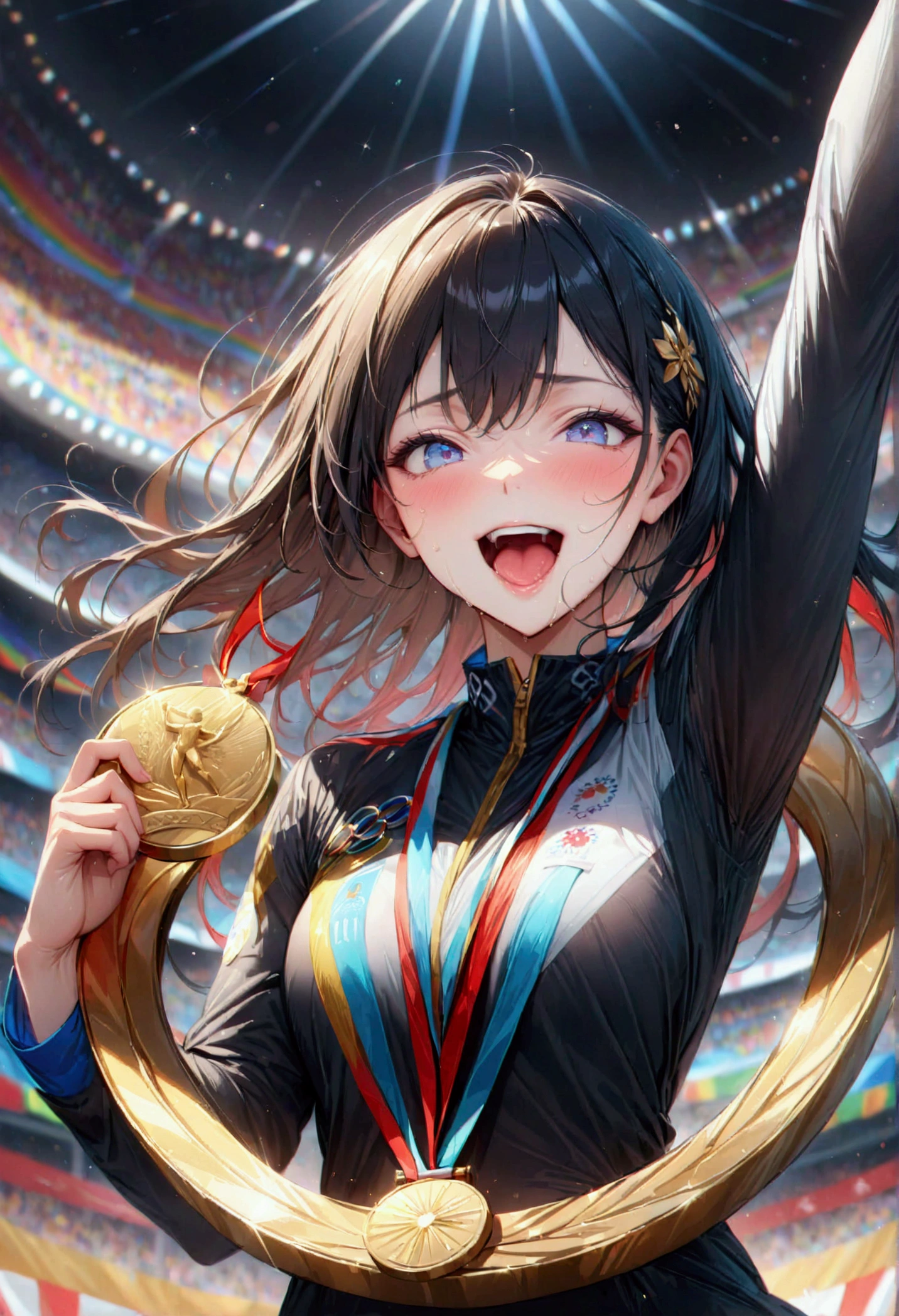 nibbling on a gold medal at the awards ceremony, (masterpiece:1.2), best quality, high quality, Highres, (hyper detailed), Olympic,