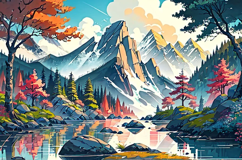 summer landscape, paint, mountains, water, trees, vector art, offcenter, offset, crystal clear