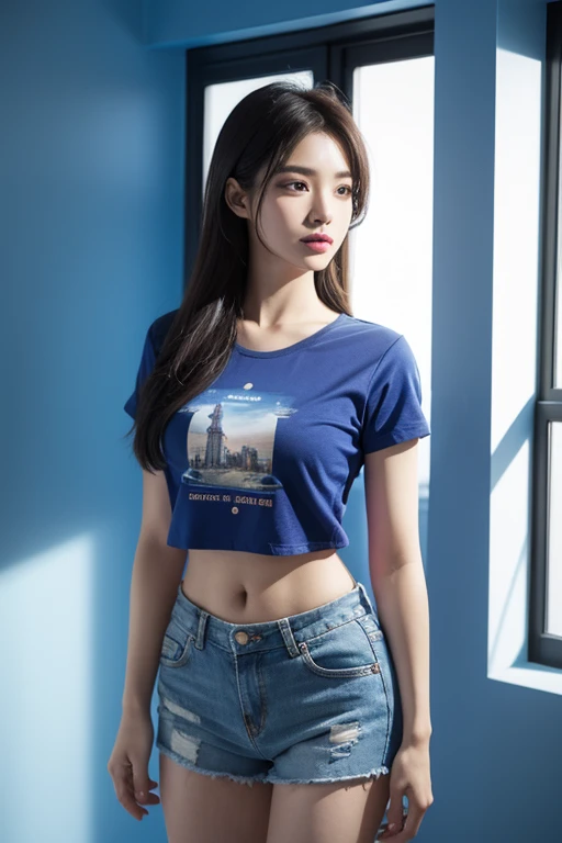สาวเกาหลีสุดสวยwatchเหมือนภาพวาด 4 มิติ,(watch), I parted ways directly., My hair is great., Ideal , Blue cropped t-shirt with printed message., shorts, stand (window background), bright colors, studio lights, gentle fire, The light is dim., 3D animation