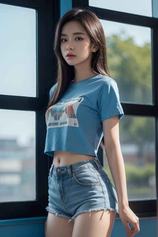 สาวเกาหลีสุดสวยwatchเหมือนภาพวาด 4 มิติ,(watch), I parted ways directly., My hair is great., Ideal , Blue cropped t-shirt with printed message., shorts, stand (window background), bright colors, studio lights, gentle fire, The light is dim., 3D animation