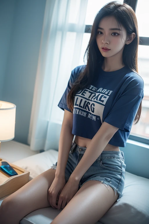 สาวเกาหลีสุดสวยwatchเหมือนภาพวาด 4 มิติ,(watch), I parted ways directly., My hair is great., Ideal , Blue cropped t-shirt with printed message., shorts, stand (window background), bright colors, studio lights, gentle fire, The light is dim., 3D animation
