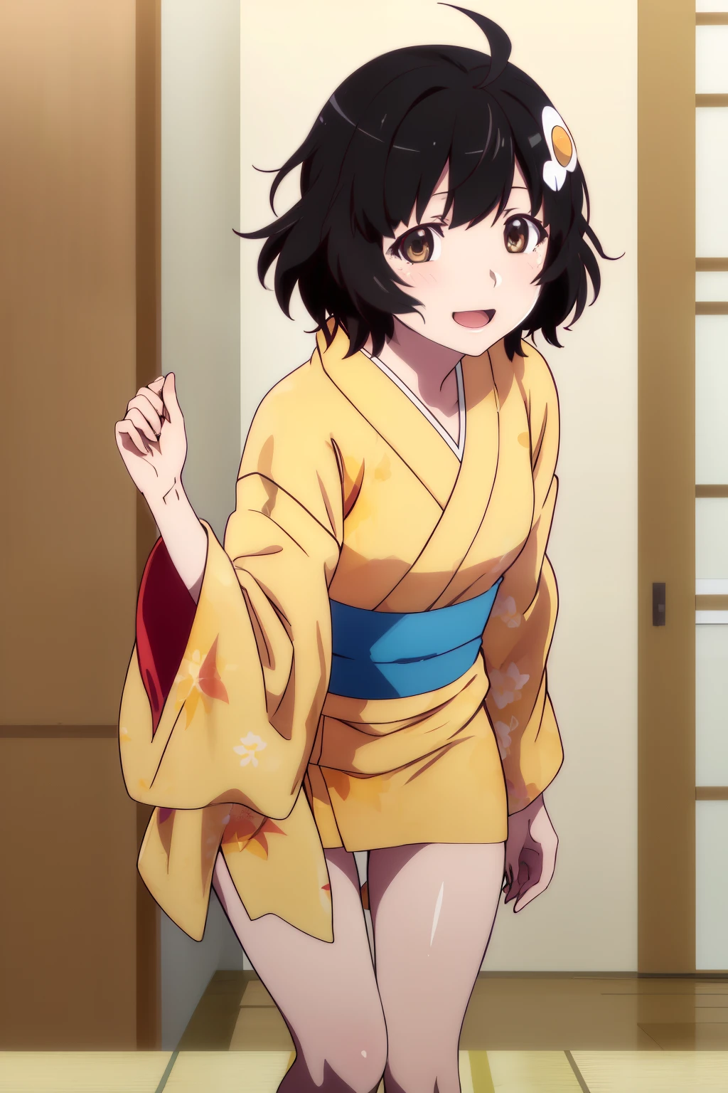 (masterpiece), (Highest quality), (High resolution), (Araragi Tsukihi),1 girl, brown eyes, short hair, Messy Hair,  Ahoge, egg hair ornaments, kimono, yellow kimono, Looking at the viewer,
smile, light blue Panties, (leaning forward), side view, indoors
