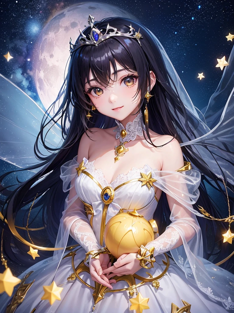 、beautiful girl、night、Fairy、Tiara on head、smile、Yellow Hair、Big eyes、月night、Close-up of face、clavicle coordination