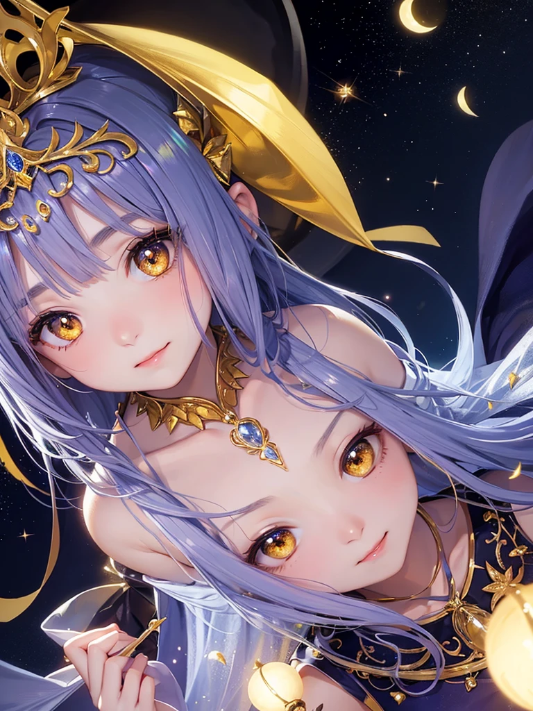 14 years old、beautiful girl、night、Fairy、Tiara on head、smile、Yellow Hair、Big eyes、月night、Close-up of face、clavicle coordination