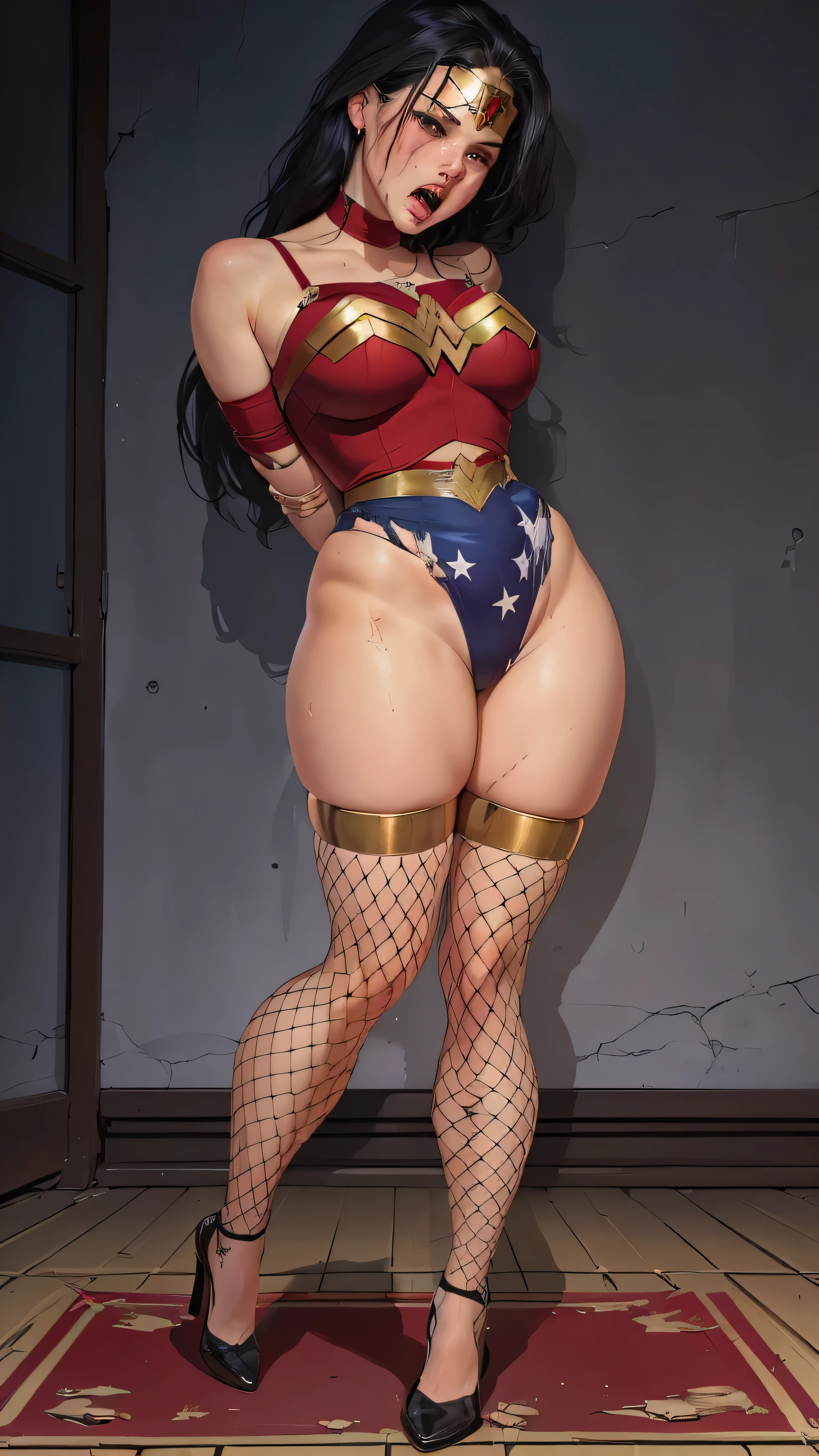 a cartoon of a woman in a bikini and stockings posing, commission for high res, Wonder Woman, comic pinup style, giantess art, Thick, thicc thighs!!!, commission for, oc commission, fullbody commission for, sww version, thicc thighs!!!!!!, by Randy Vargas, by Yoshihiko Wada, by Kentaro Miura, bare thicc thighs!!! Expression of fear, expression of despair, terrified. Bondage, submission, tied with ropes. screaming in pain, suffering a lot, destroyed, HUMILIATED, captured and raped by bandits, raped, degraded, degrading, degradation, depravation. abandonned, torn garments, in the dirty alley.  In the middle of the river in the ditch, in the sewer, dirty. Filthy, she is a street slut,prostitution,  forced into prostitution.