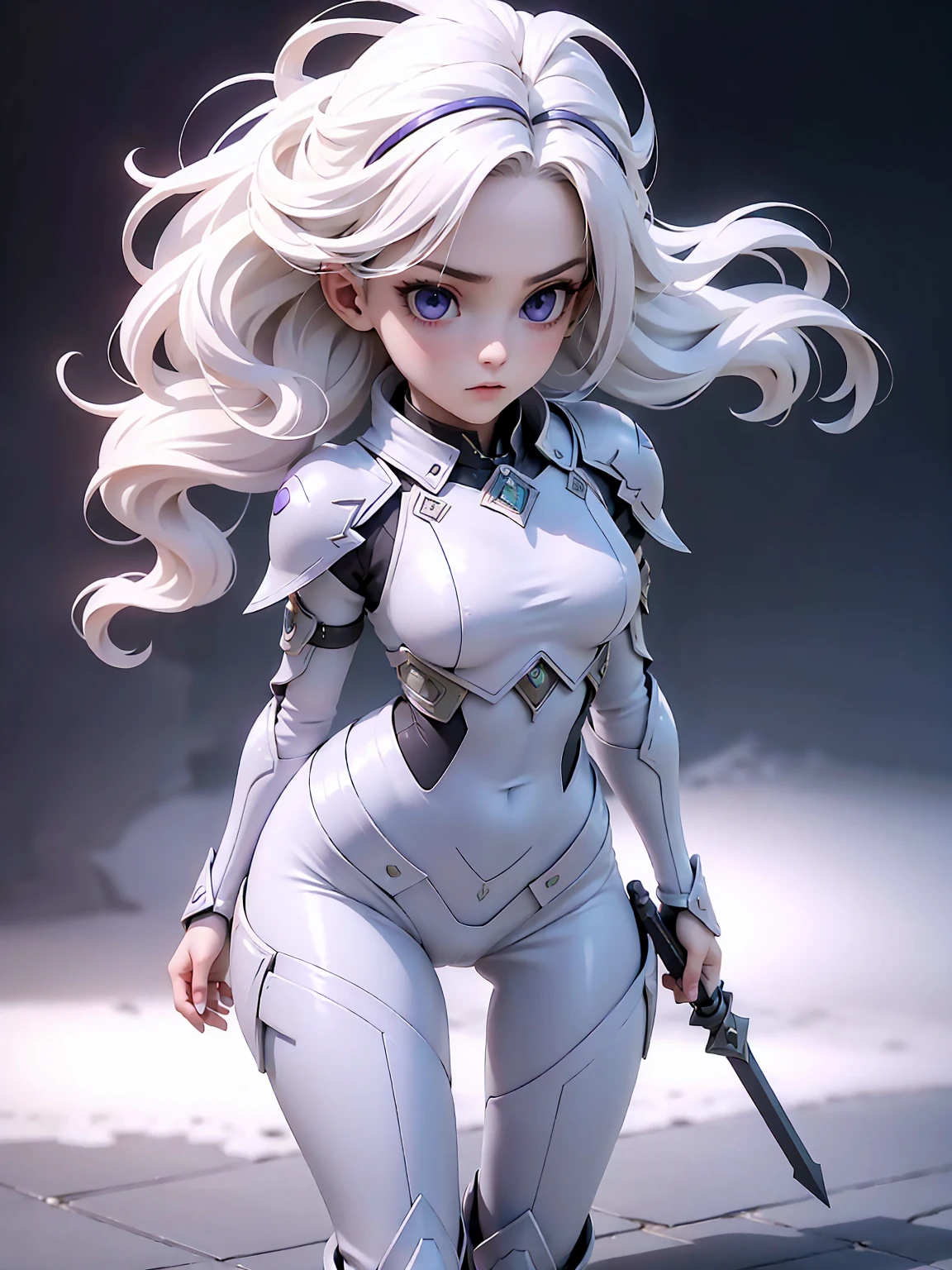 ((Best Quality)), ((Masterpiece)), ((Realistic)) slender, cute girl with medium-length white hair and vibrant purple eyes. She wears a tight-fitting, sleek suit with high-tech boots and chestplates. The outfit includes matching vambraces, all in a futuristic, high-tech design. She wields a high-tech sword, adorned with glowing lights along the blade and hilt. The girl's expression is calm and focused, complementing her stylish, advanced gear.
