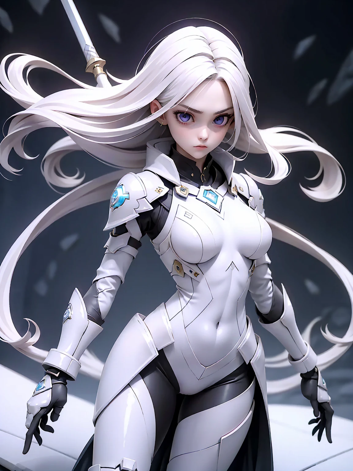 ((Best Quality)), ((Masterpiece)), ((Realistic)) slender, cute girl with medium-length white hair and vibrant purple eyes. She wears a tight-fitting, sleek suit with high-tech boots and chestplates. The outfit includes matching vambraces, all in a futuristic, high-tech design. She wields a high-tech sword, adorned with glowing lights along the blade and hilt. The girl's expression is calm and focused, complementing her stylish, advanced gear.
