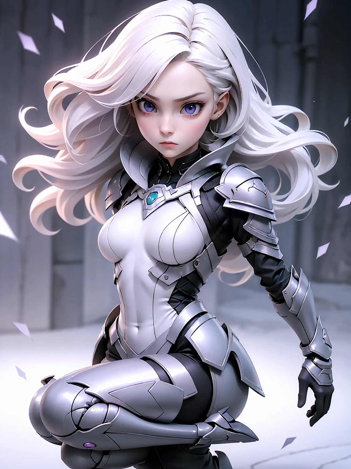 ((Best Quality)), ((Masterpiece)), ((Realistic)) slender, cute girl with medium-length white hair and vibrant purple eyes. She wears a tight-fitting, sleek suit with high-tech boots and chestplates. The outfit includes matching vambraces, all in a futuristic, high-tech design. She wields a high-tech sword, adorned with glowing lights along the blade and hilt. The girl's expression is calm and focused, complementing her stylish, advanced gear.
