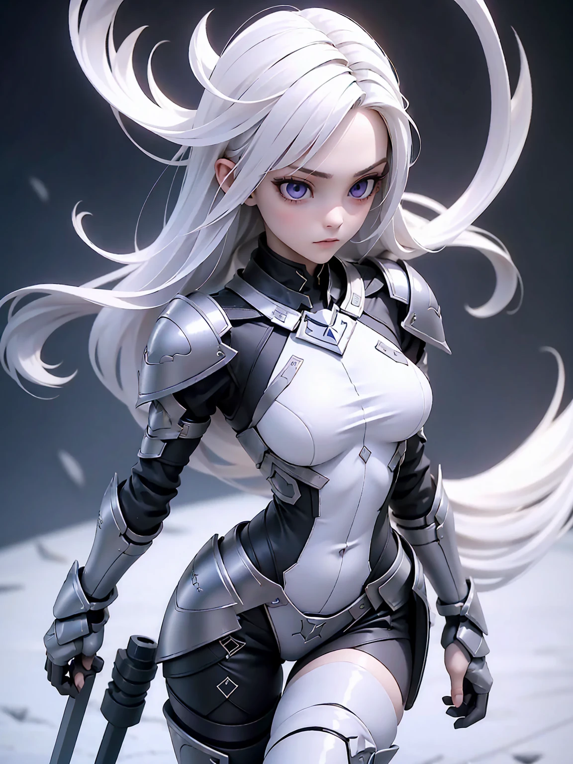 ((Best Quality)), ((Masterpiece)), ((Realistic)) slender, cute girl with medium-length white hair and vibrant purple eyes. She wears a tight-fitting, sleek suit with high-tech boots and chestplates. The outfit includes matching vambraces, all in a futuristic, high-tech design. She wields a high-tech sword, adorned with glowing lights along the blade and hilt. The girl's expression is calm and focused, complementing her stylish, advanced gear.