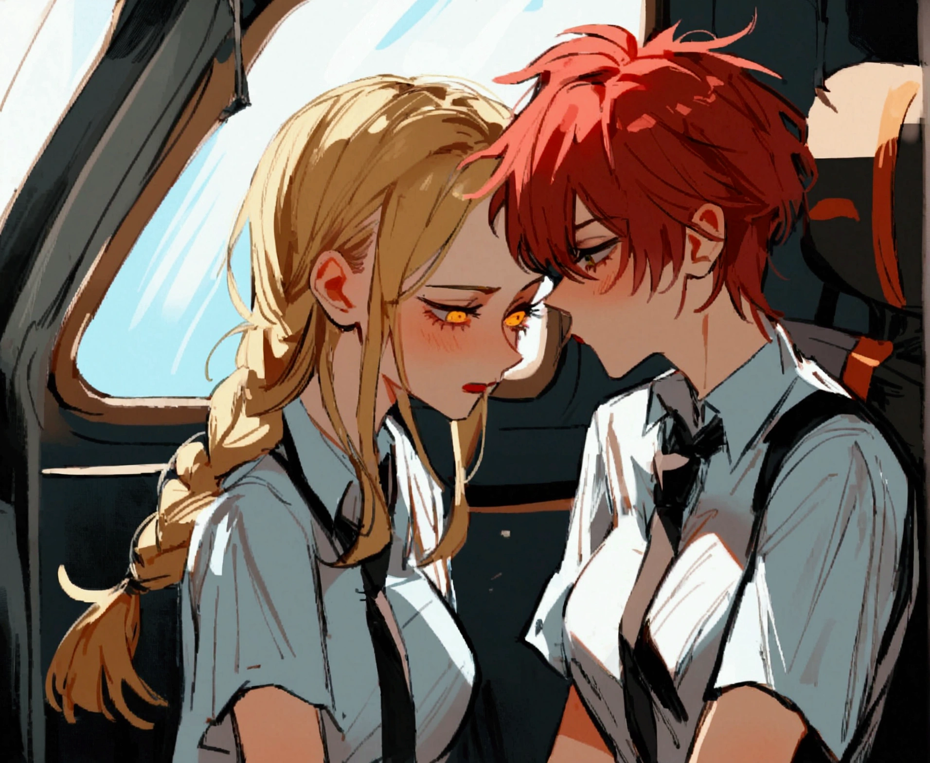 gaping mouth,(kiss),best qualityer, insanely detaileda,1 girl,1 young boy, sitting down,in flight and (1 young boy:1.4) hair blonde, Valuable (chainsaw man),e 1gir,fleeing (chainsaw man), best qualityer, ultra detaild, 1 girl, , standing, Red hair, long braided hair, gold eyes, bangss,, big boobies, stare, ssmile, (evil:1.2),, fleeing (chainsaw man),chemise, side locks, standing alone, 's uniform, white chemise, black necktie, black pants (big breast and big ass)