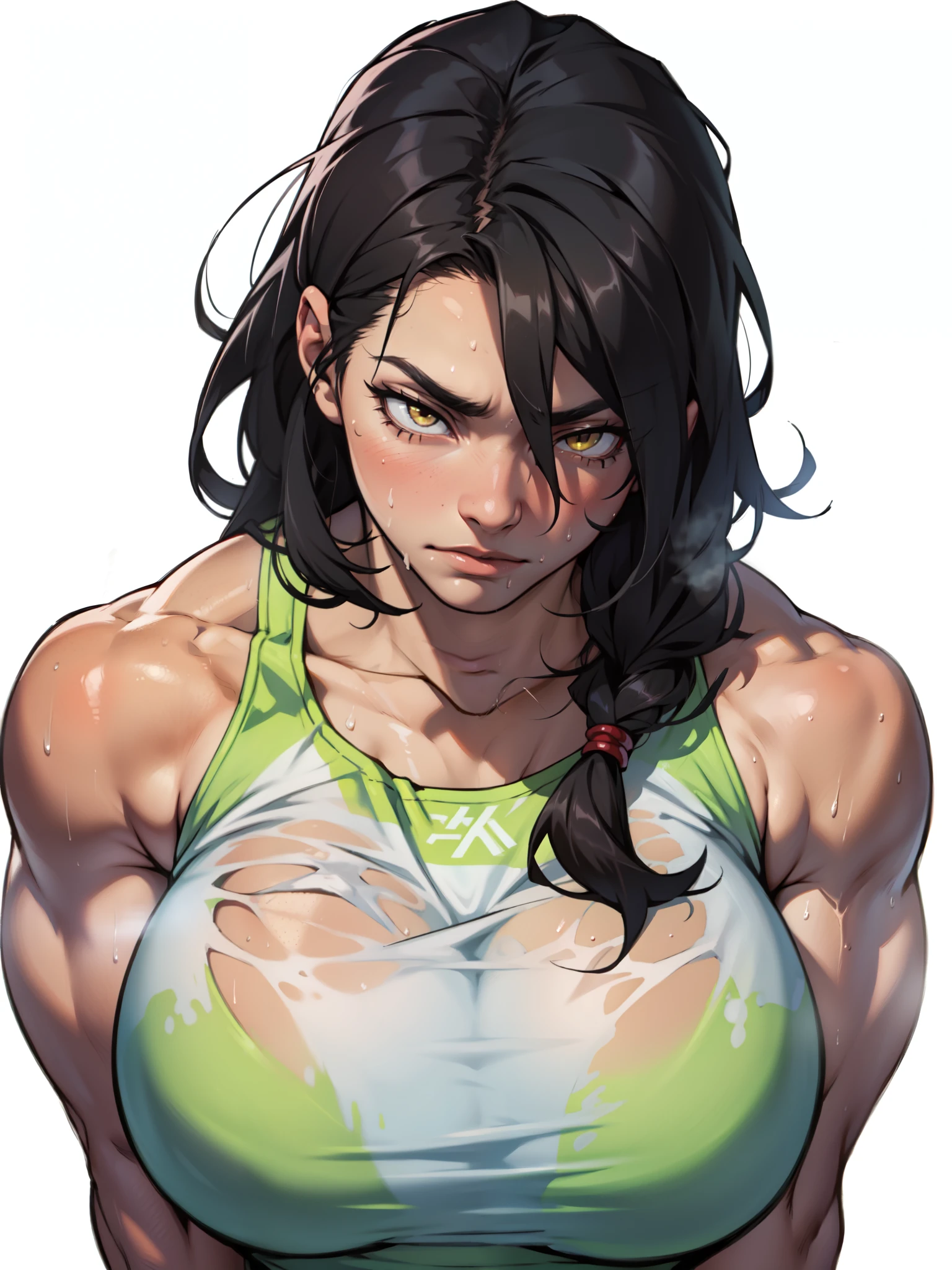 sweaty girl empty eyes messy hair massive hair black hair yellow eyes giant muscles massive breasts pale skin