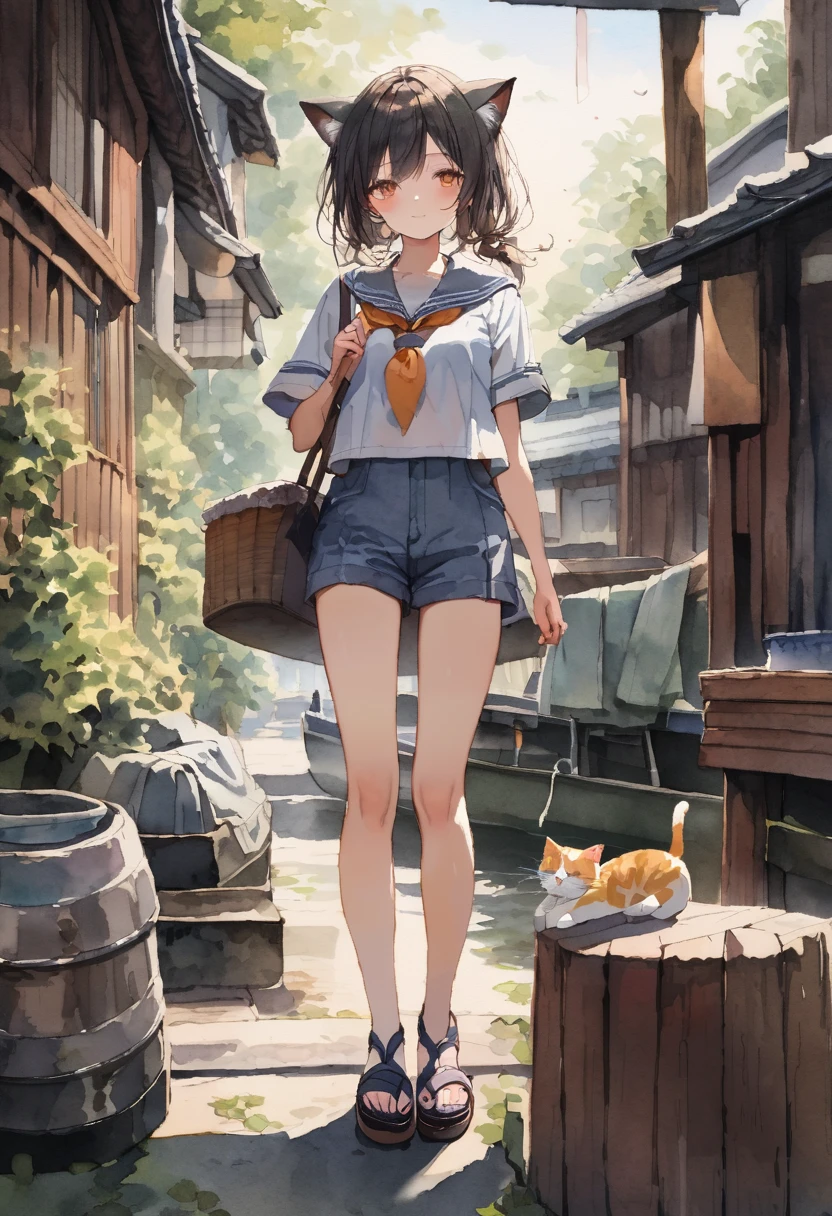 masterpiece, best quality,A girl standing in a japanese rural harbor(Funaya, Kyoto), cat ears,(Sailor costume, shorts, sandals), old fishing boats, with cats,she is looking at the cat,magnificent view,(tween,detailed face,middle small breasts),(Watercolor:1.3),