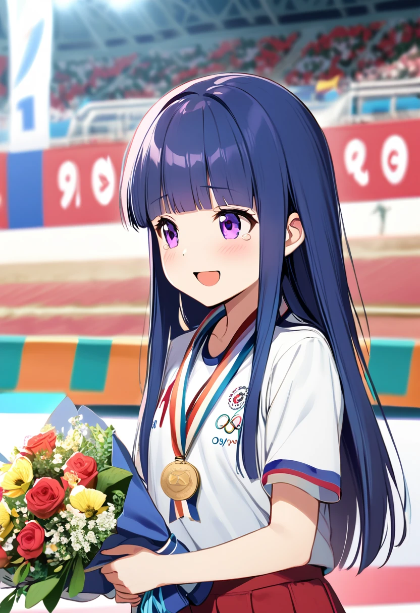 girl, alone, (Full Autorica), Blue Hair, Purple eyes, Long Hair, blunt bangs, bangs, 11 years old, Olympic, torchbearer, Olympic Torch, On the road, the way, smile, open mouth, shirt, holding, white shirt, outdoors, pants, white footwear, Light running, sportswear, photo background